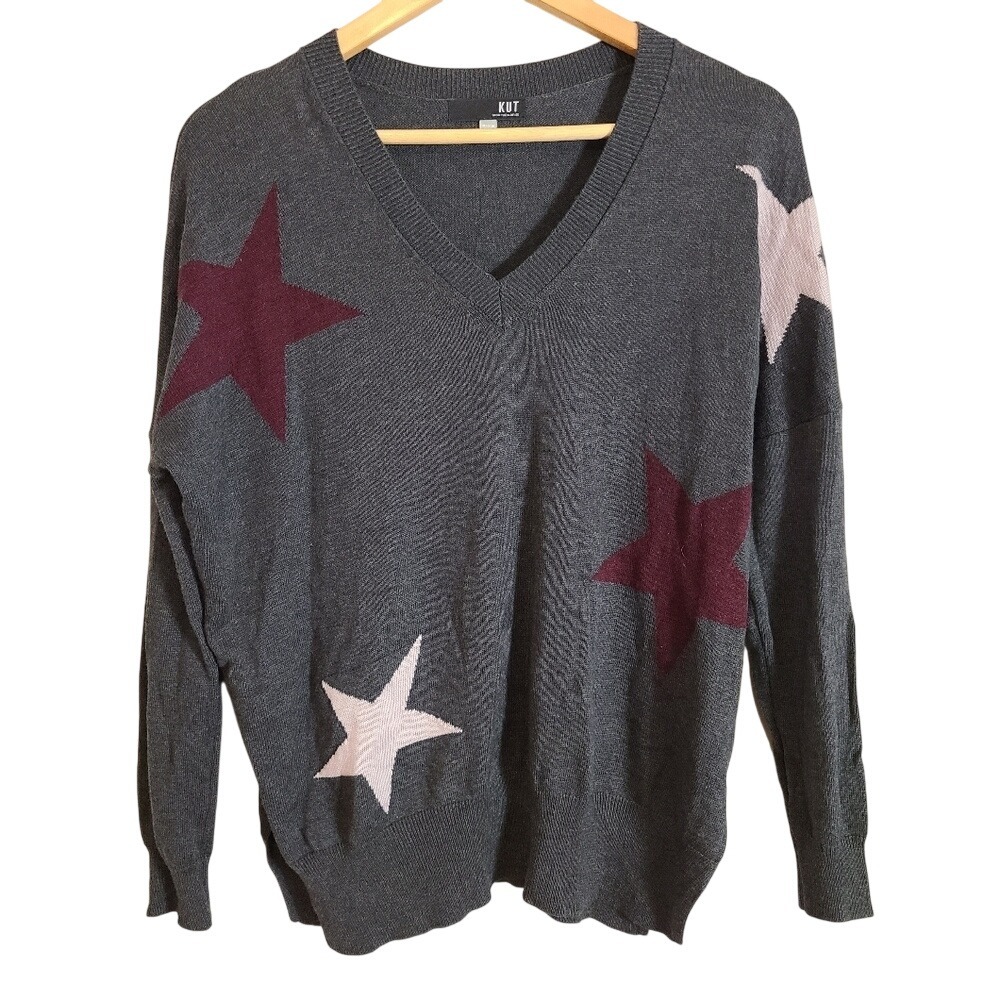 KUT from the Kloth Gray Lightweight Knit Star Sweater Cashmere Blend Small